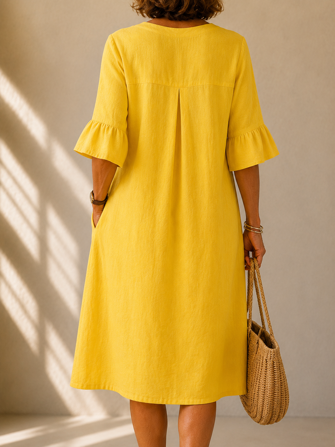 Notch Neck Ruffle Sleeve Button Linen Pocket Shift Midi Dress 2