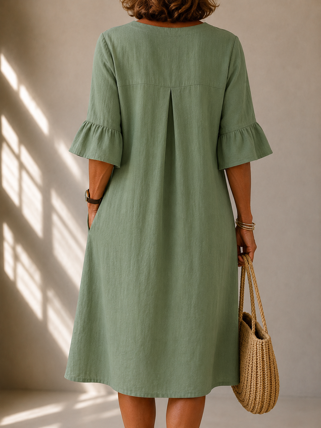 Split Neck Linen Wooden Button Ruffle Sleeve Shift Midi Dress 2