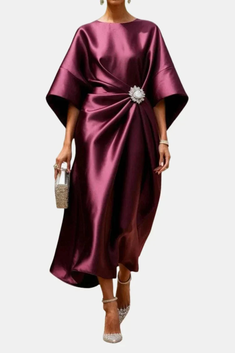 Boat Neck Satin Brooch Twist Front Batwing Sleeve Draped Maxi Dress