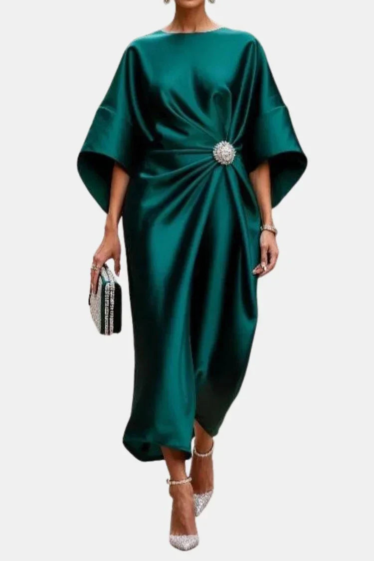Boat Neck Satin Brooch Twist Front Batwing Sleeve Draped Maxi Dress