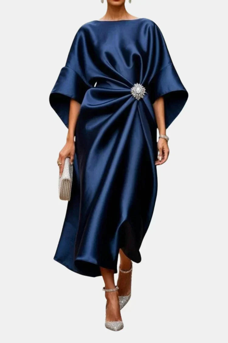 Boat Neck Satin Brooch Twist Front Batwing Sleeve Draped Maxi Dress