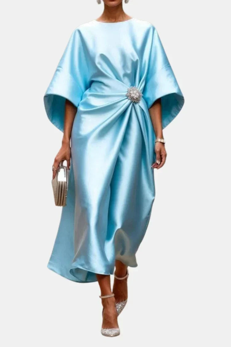 Boat Neck Satin Brooch Twist Front Batwing Sleeve Draped Maxi Dress