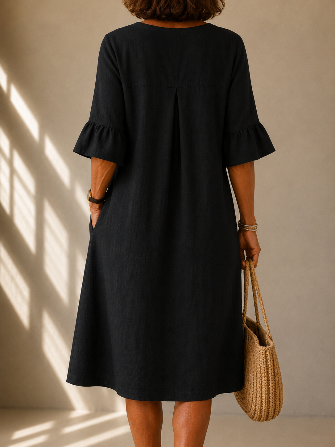 Notch V-Neck Ruffle Bell Sleeve Button Linen Shift Midi Dress 2