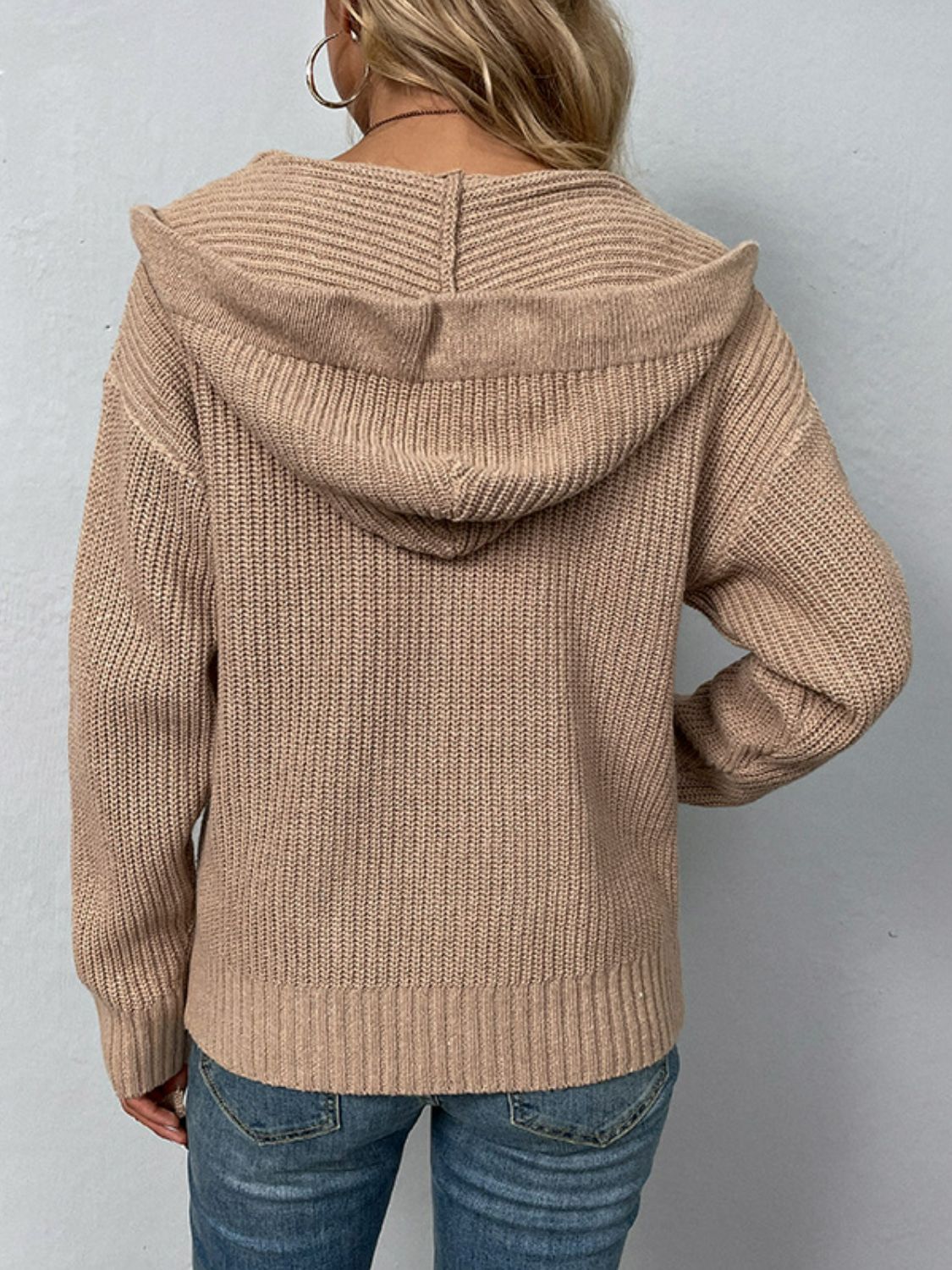 Long Sleeve Drawstring Ribbed Knit Zip Up Hooded Cardigan 2