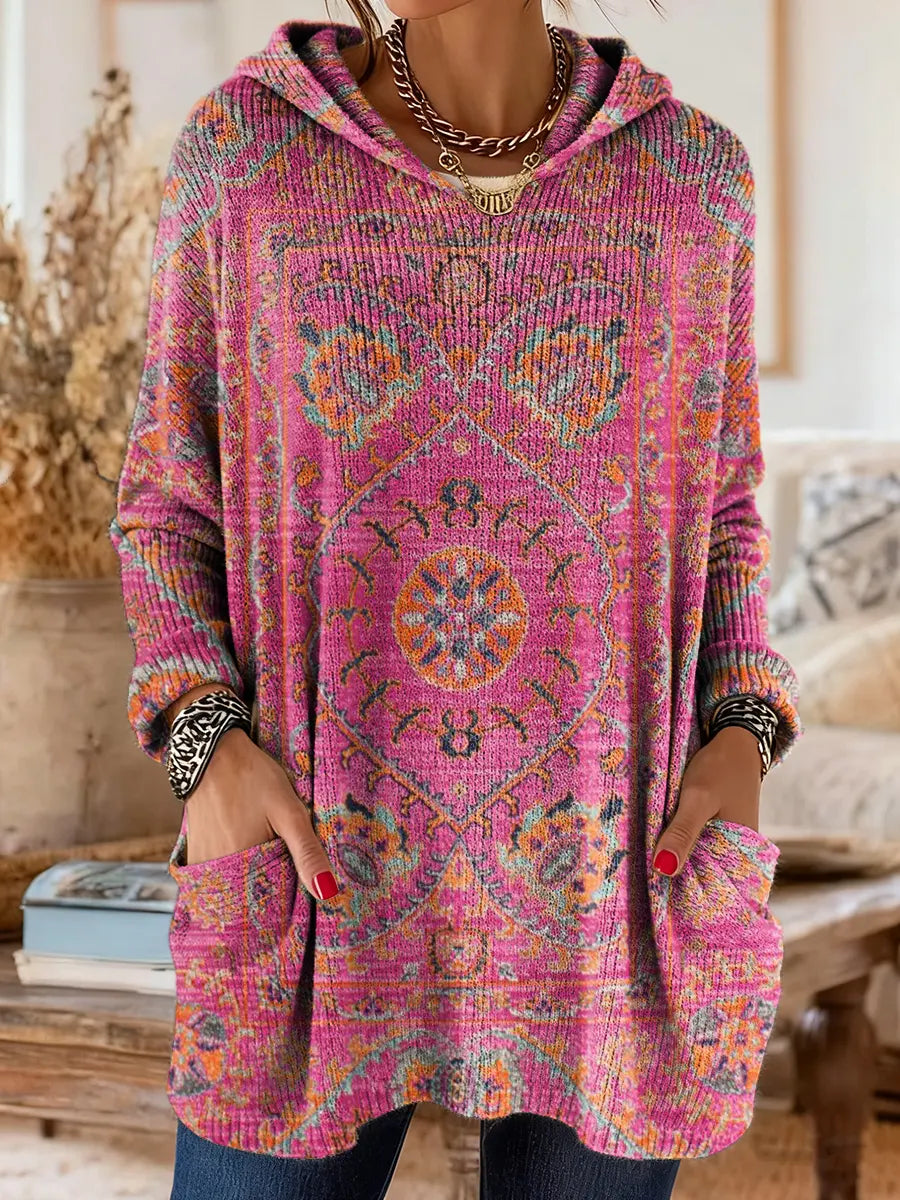 Hooded Ethnic Print Long Sleeve Pocket Knit Sweater