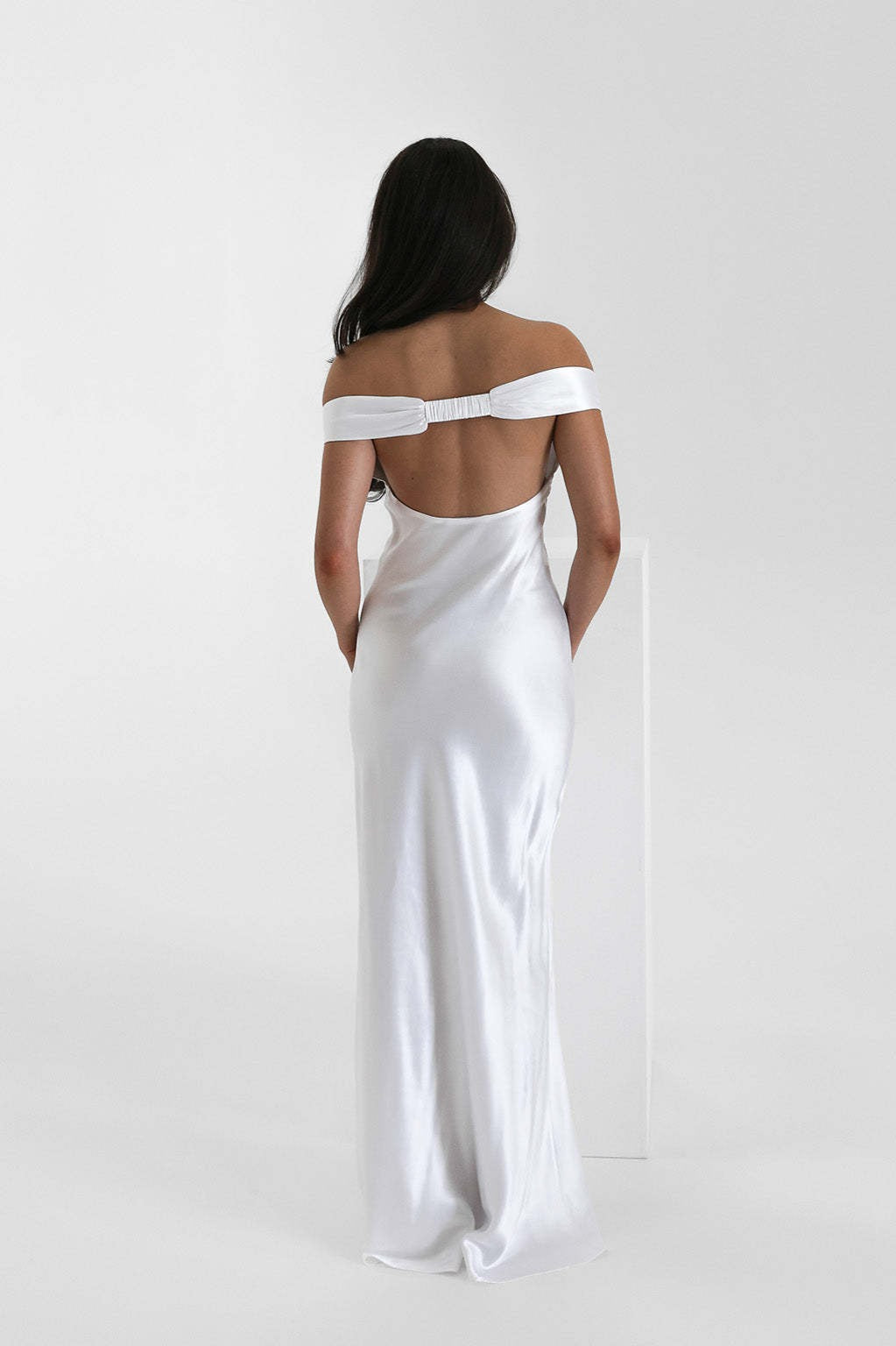 Satin Off-Shoulder Fishtail Maxi Party Dress