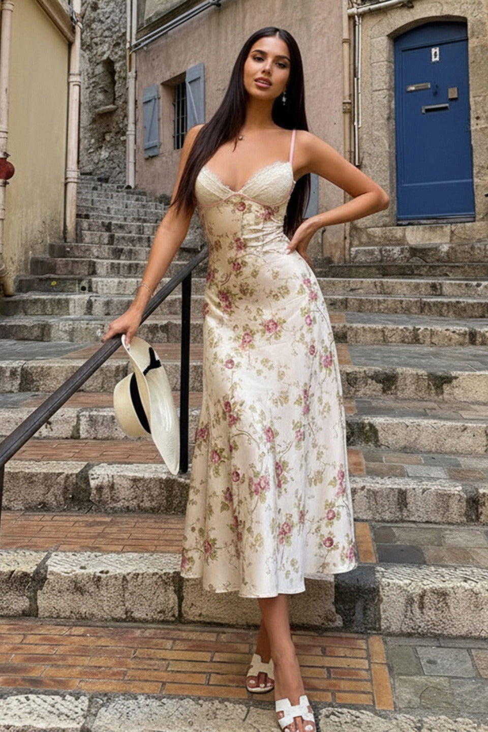 Lace Satin Panel V Neck Floral A Line Maxi Slip Dress