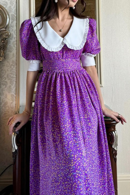 Purple Peter Pan Collar Short Sleeve Tie Waist Tiered Maxi Floral Print Dress 3
