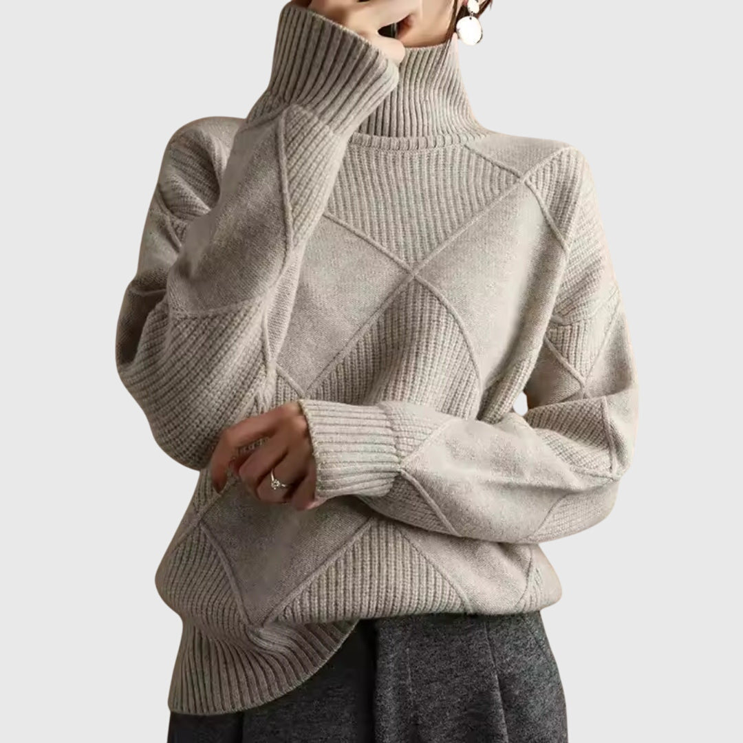 Turtleneck Diamond Textured Knit Long Sleeve Sweater