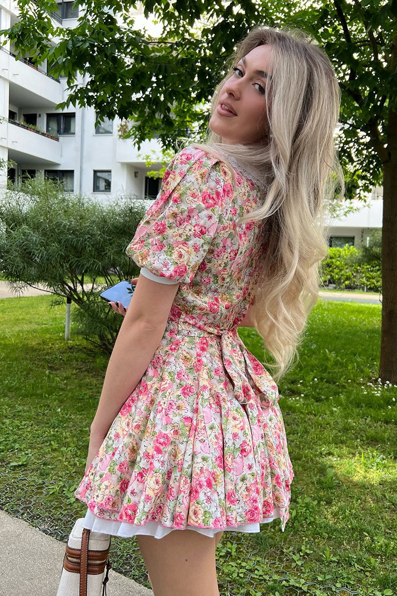 Pink Peter Pan Collar Puff Sleeve Button Front Pleated Ruffle Hem Floral Print Mini Dress 2