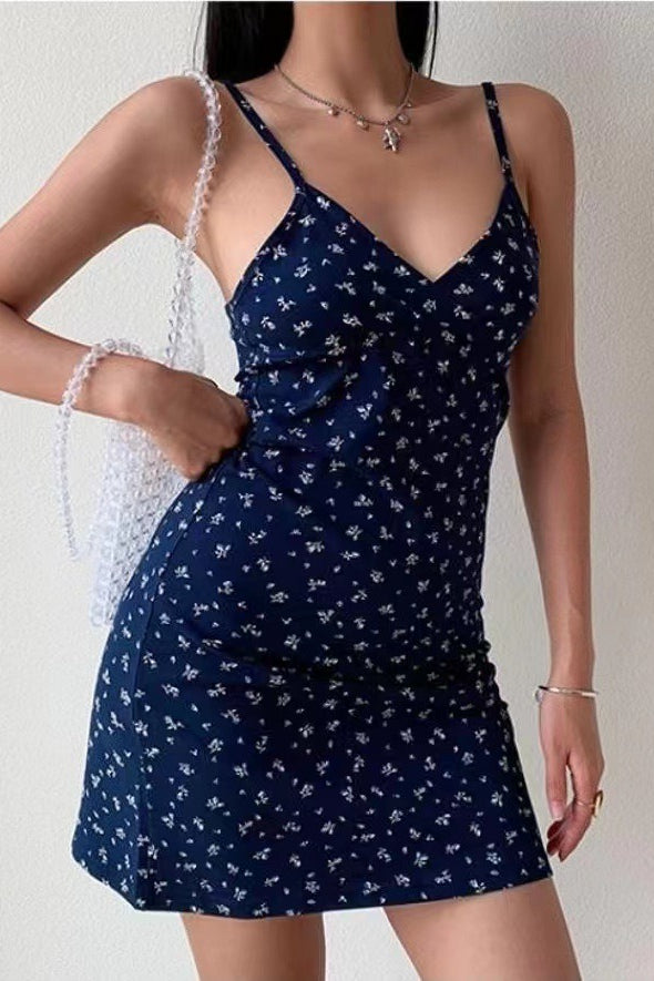 Spaghetti Strap V Neck Printed Floral Dress