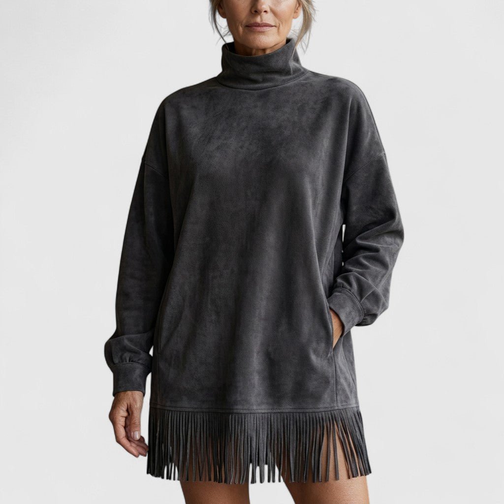 High Neck Suede Fringe Hem Long Sleeve Shift Mini Dress 3