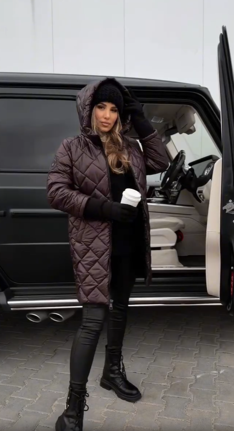 Hooded Diamond Quilted Zip-Up Longline Puffer Coat