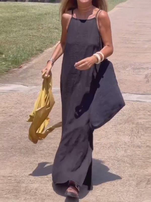 Spaghetti Strap Square Neck Linen Loose Maxi Dress