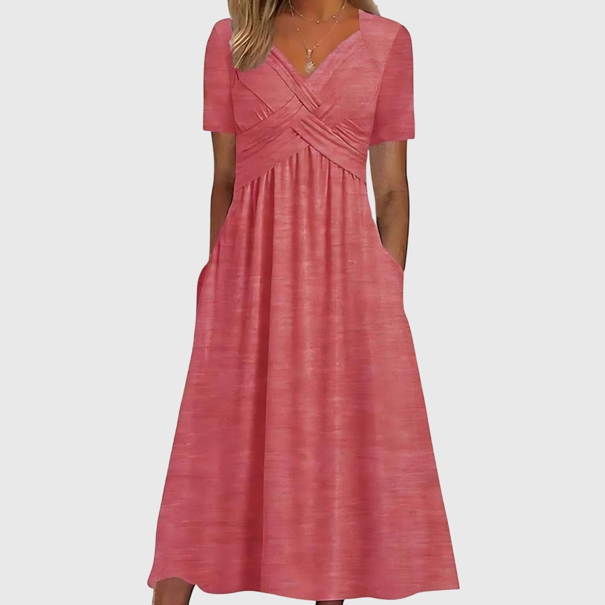 V-Neck Cross Front Short Sleeve Empire Waist Pocket Flowy Midi Dress