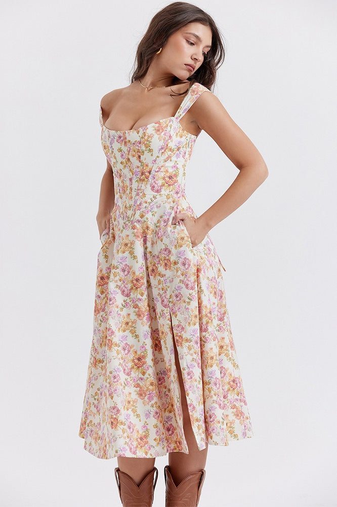 Spaghetti Strap Floral Ruched Midi Dress