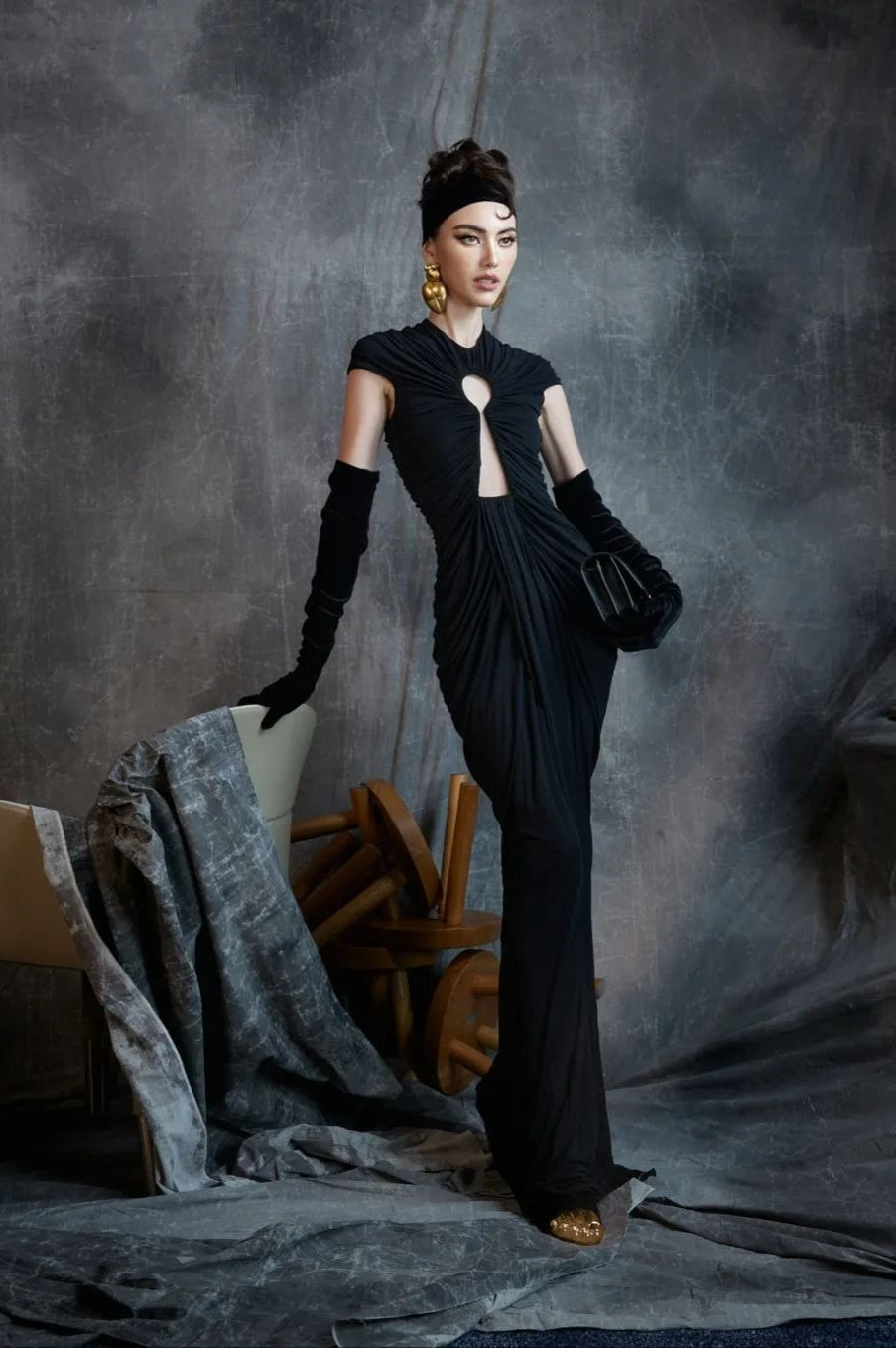 Black Mesh Cutout Slim Vintage Evening Party Dress