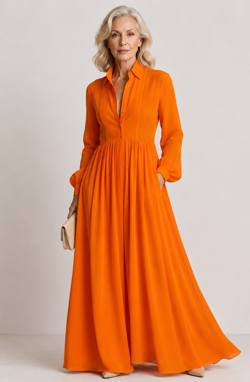 Collared Pintuck Long Sleeve Button Front Shirt Maxi Dress 10