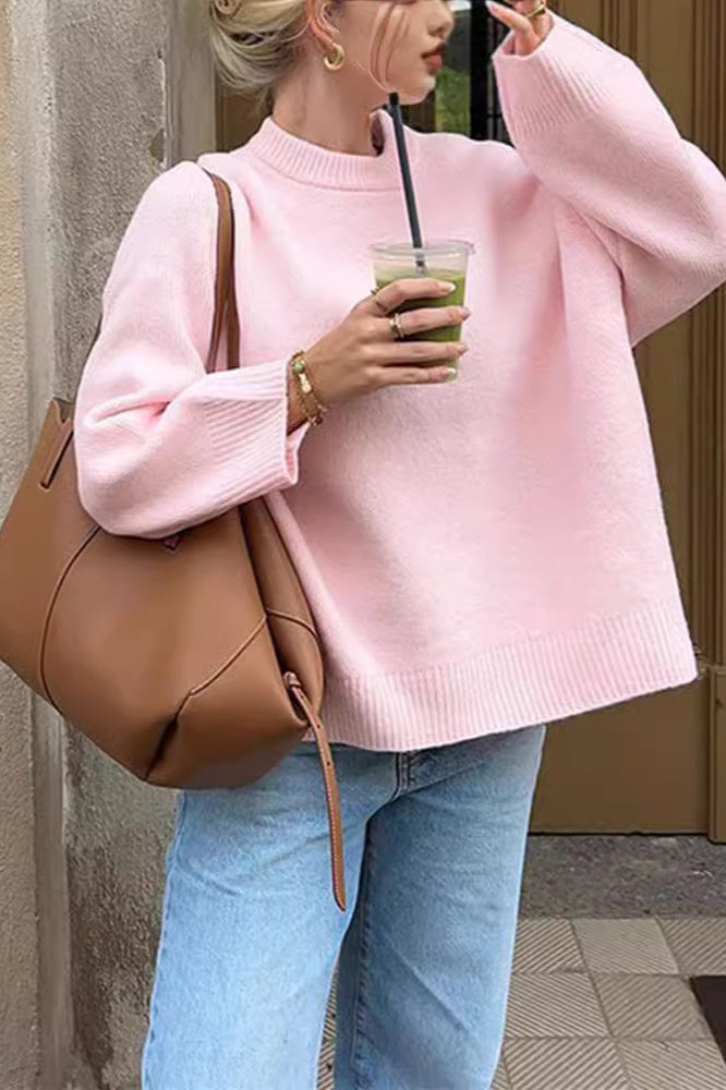 Sweet Pink Crew Neck Pullover Knit Sweater