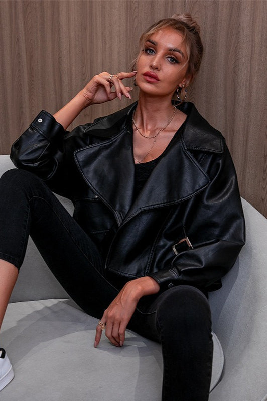 Black Short Faux Leather Collared Loose Jacket