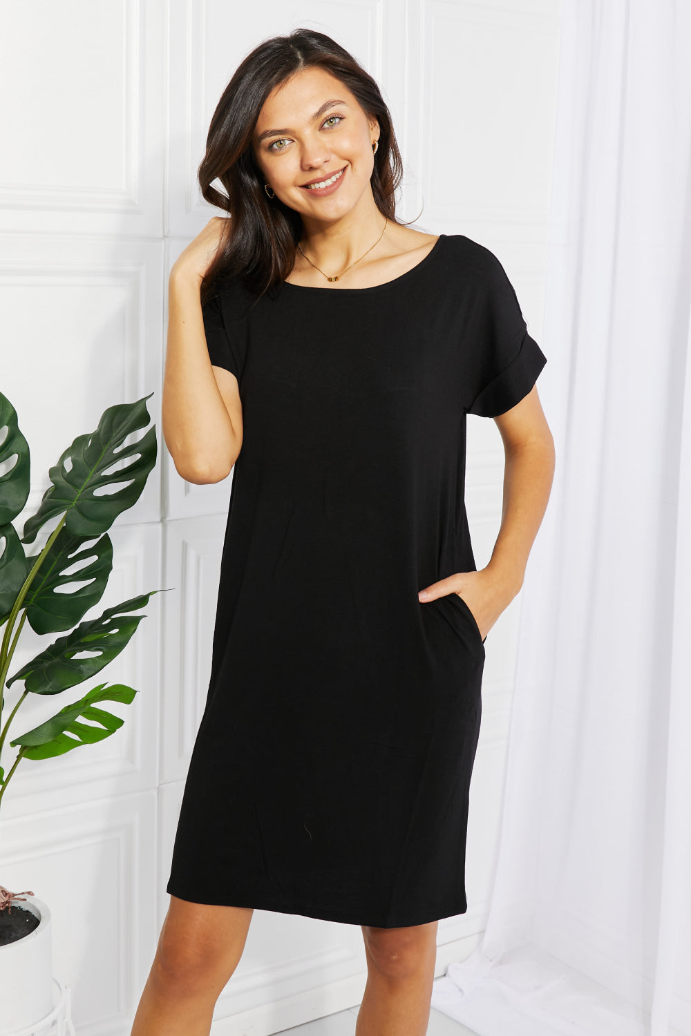 Black Square Neck Rolled Short Sleeve Pocket Shift Mini Dress