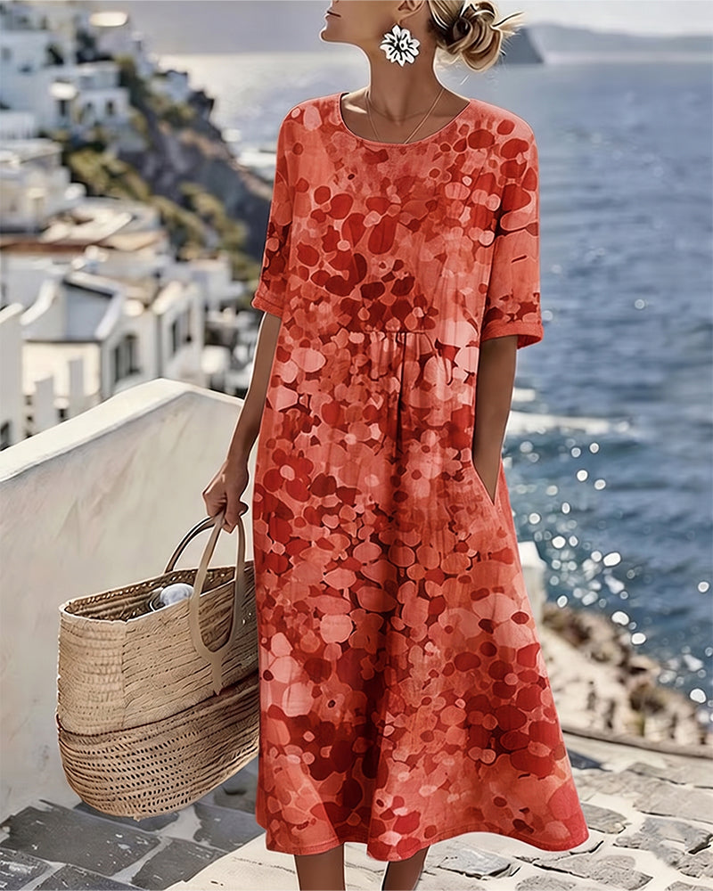 Round Neck Abstract Floral Print Short Sleeve Pocket A-Line Midi Dress 4