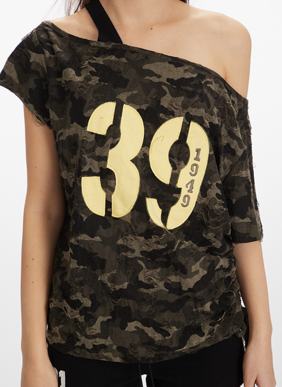 Camouflage Off-Shoulder Short-Sleeved