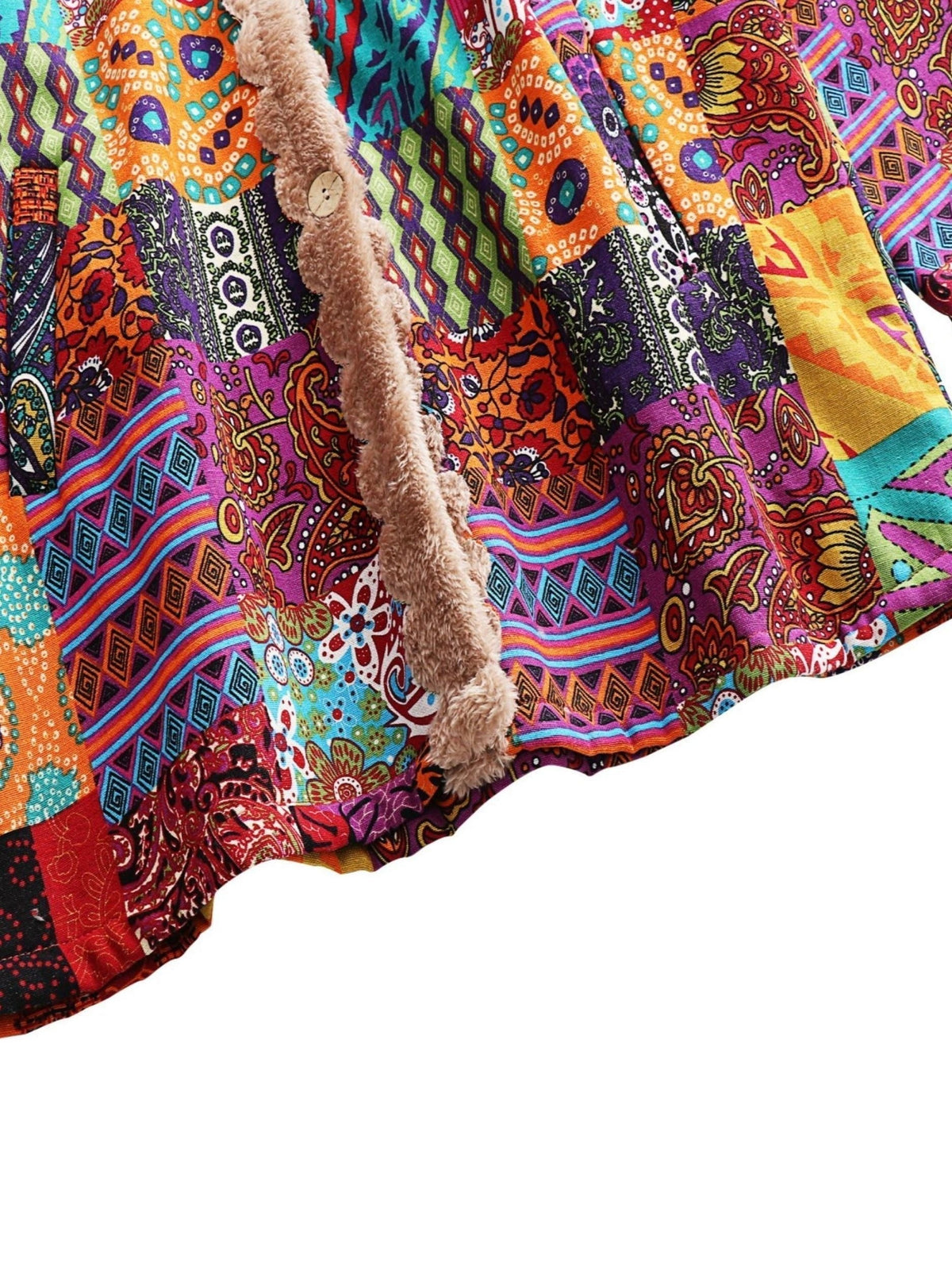 Hooded Ethnic Patchwork Print Fleece-Lined Button Front Longline Coat