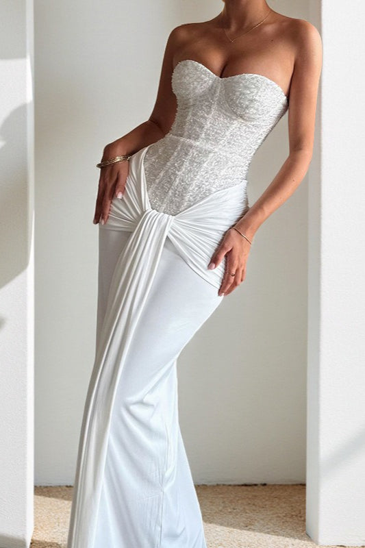 Ribbon Strapless Corset Maxi Evening Prom Dress