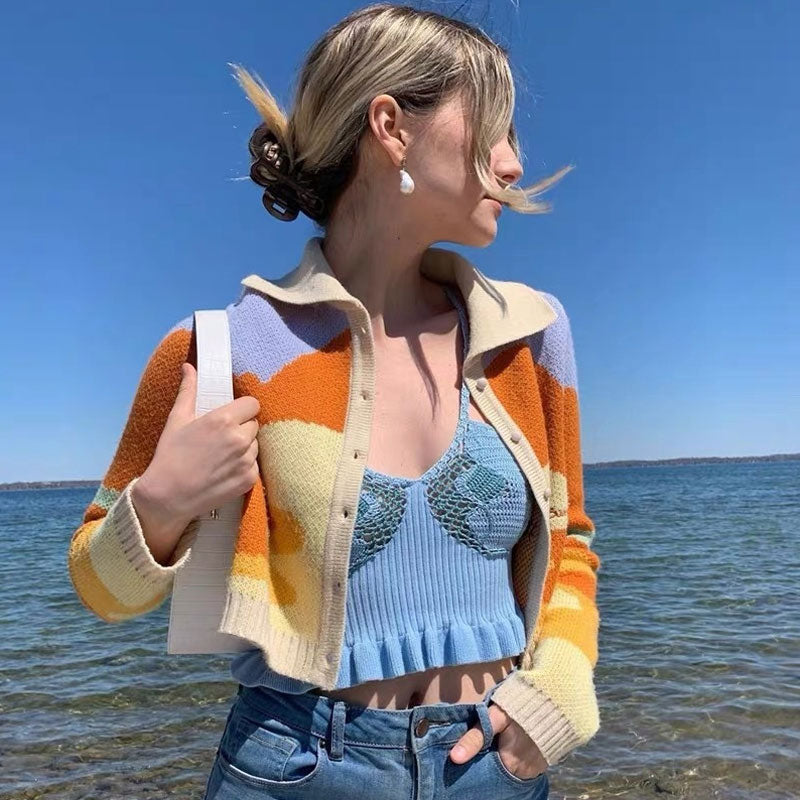 Orange Abstract Swirl Pattern Collared Button Up Long Sleeve Cropped Cardigan