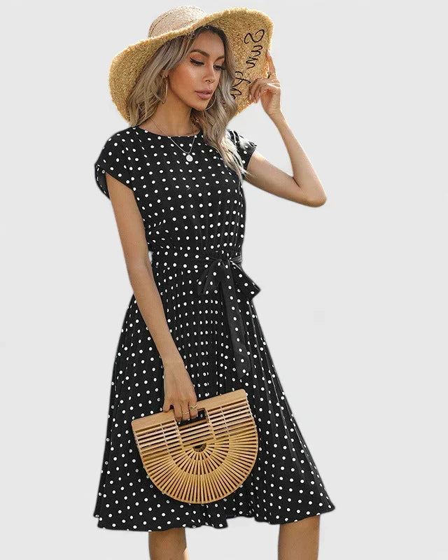 Round Neck Cap Sleeve Polka Dot Tie Waist Pleated Midi Dress 2