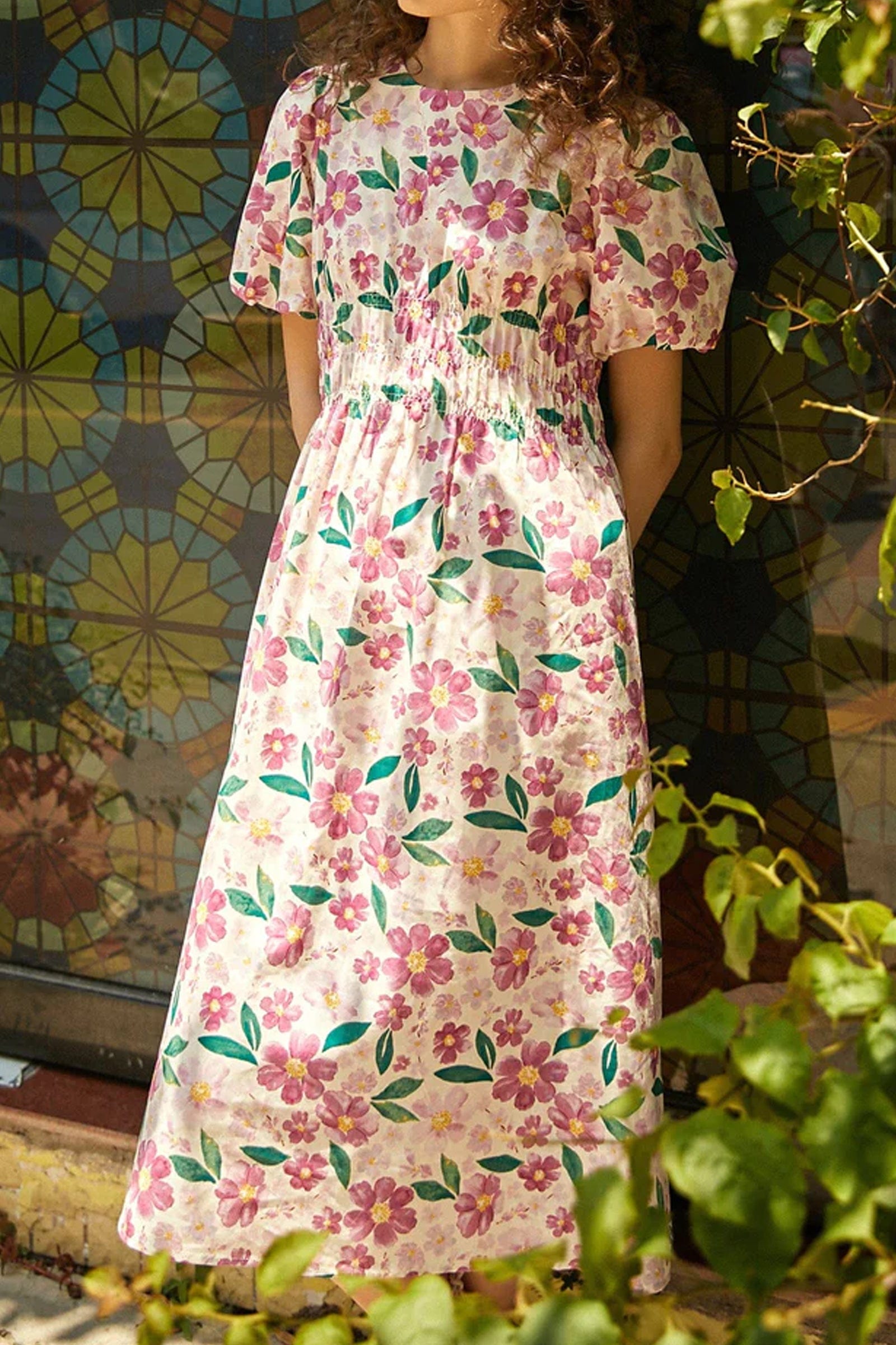 Pink Floral Print Smocked Waist Puff Sleeve Midi Dress