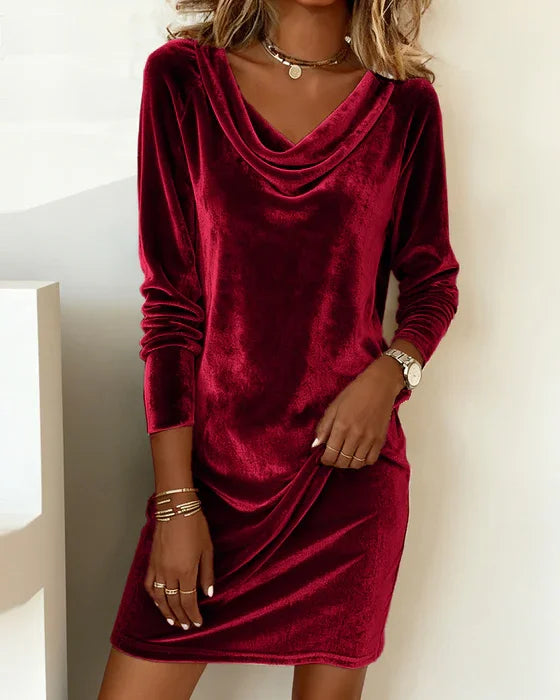 Cowl Neck Velvet Long Sleeve Ruched Shift Mini Dress