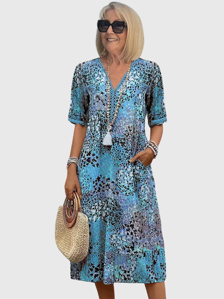 V-Neck Crochet Trim Short Sleeve Floral Print Pocket Midi Dress