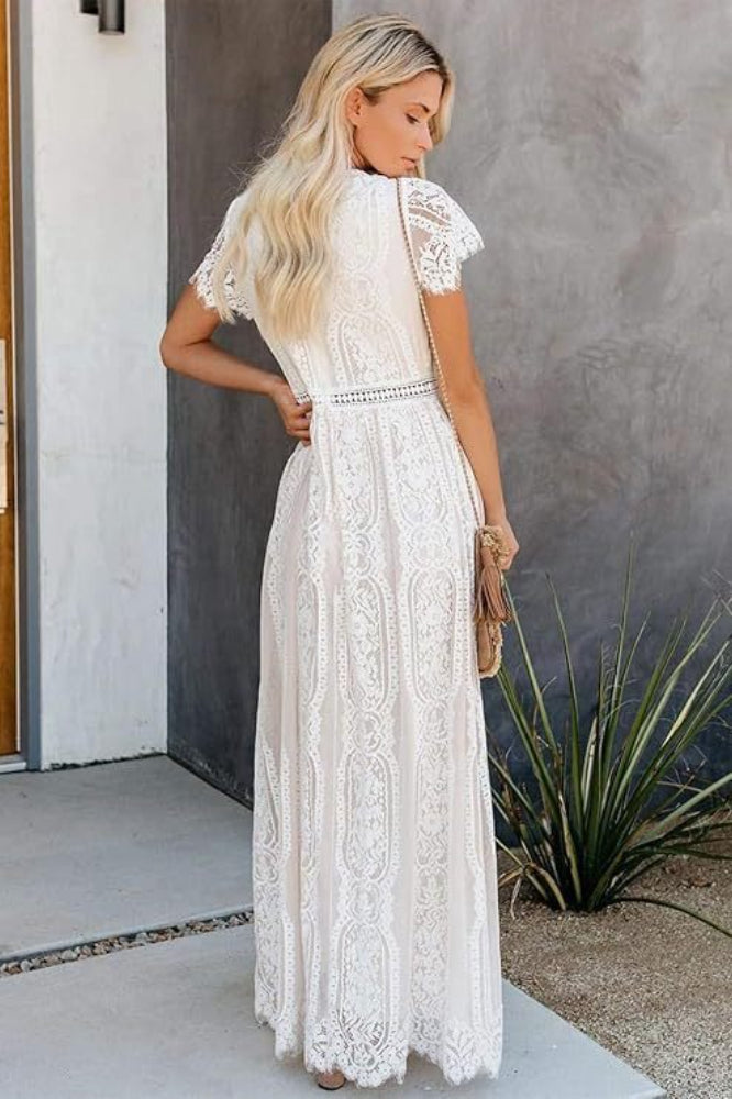 Deep V Neck Lace Cap Sleeve Empire Waist Scalloped Hem Maxi Dress 2