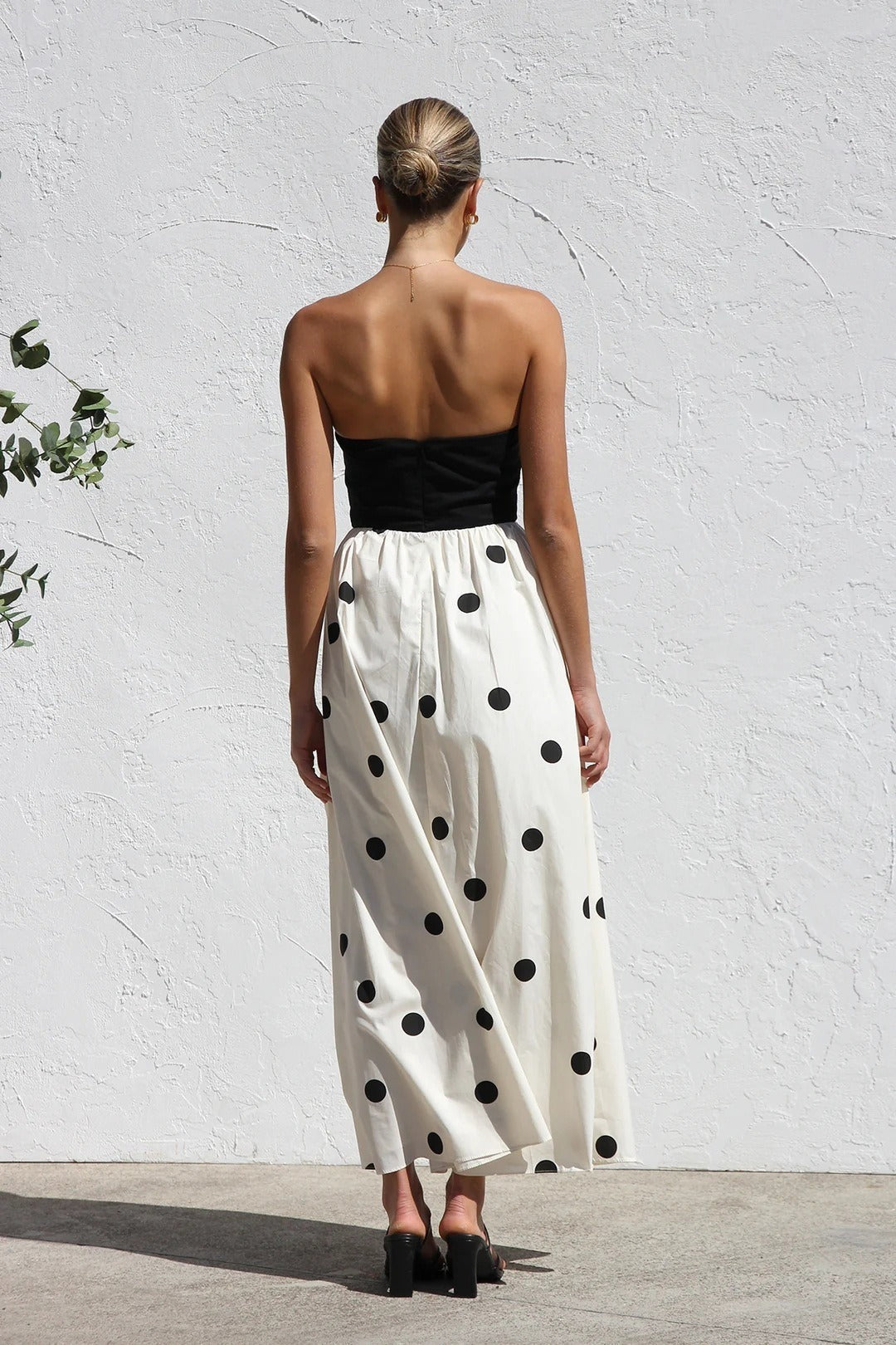 Black Polka Dot Print Strapless A-Line Maxi Dress 4