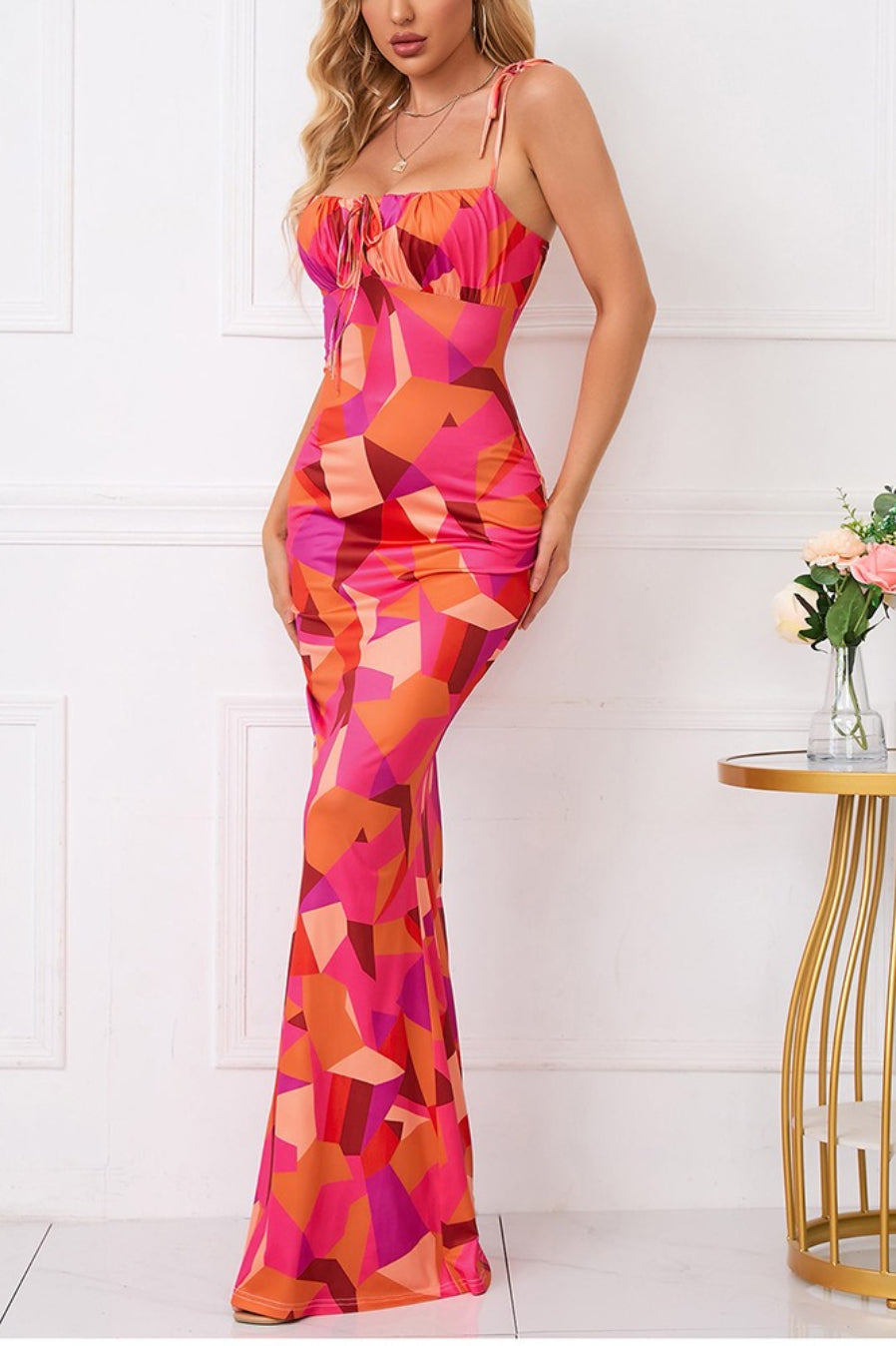 Floral Ruched Backless Tie Cami Mermaid Maxi Bodycon Dress