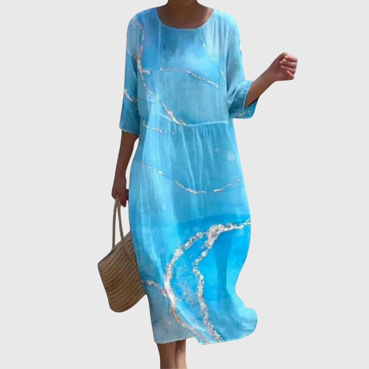 Round Neck Floral Print Three-Quarter Sleeve Shift Midi Dress