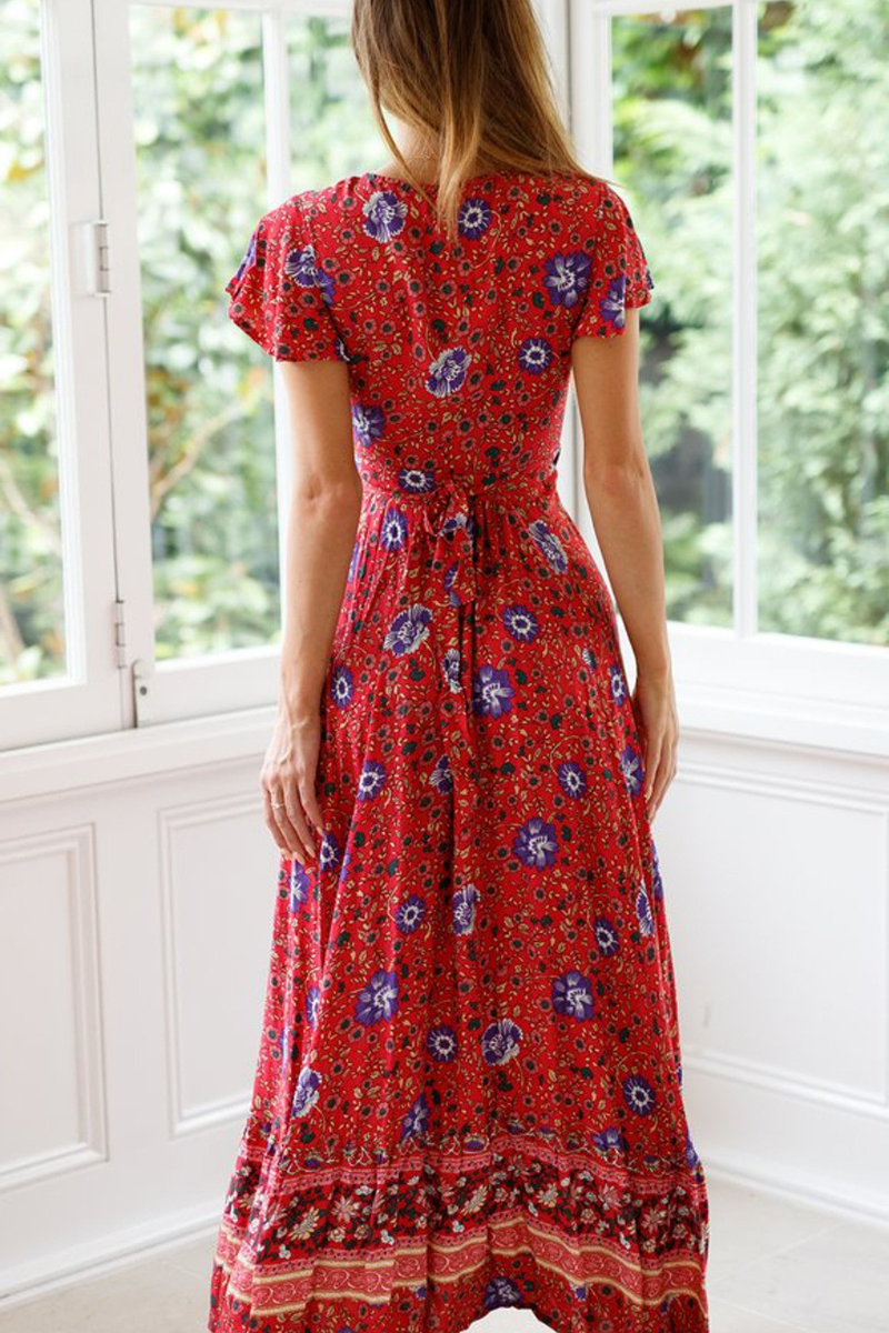 Bohemian Print Split Trendy High Waist Maxi Dress Red / S