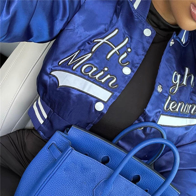 Royal Blue Letter Print Button Up Cropped Varsity Bomber Jacket 3
