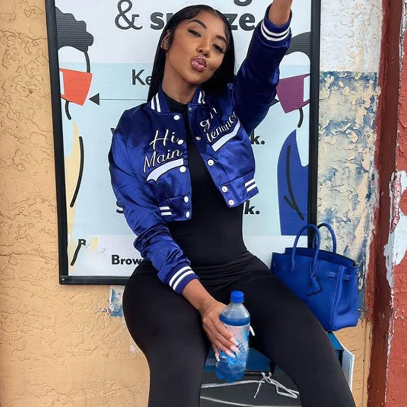 Royal Blue Letter Print Button Up Cropped Varsity Bomber Jacket