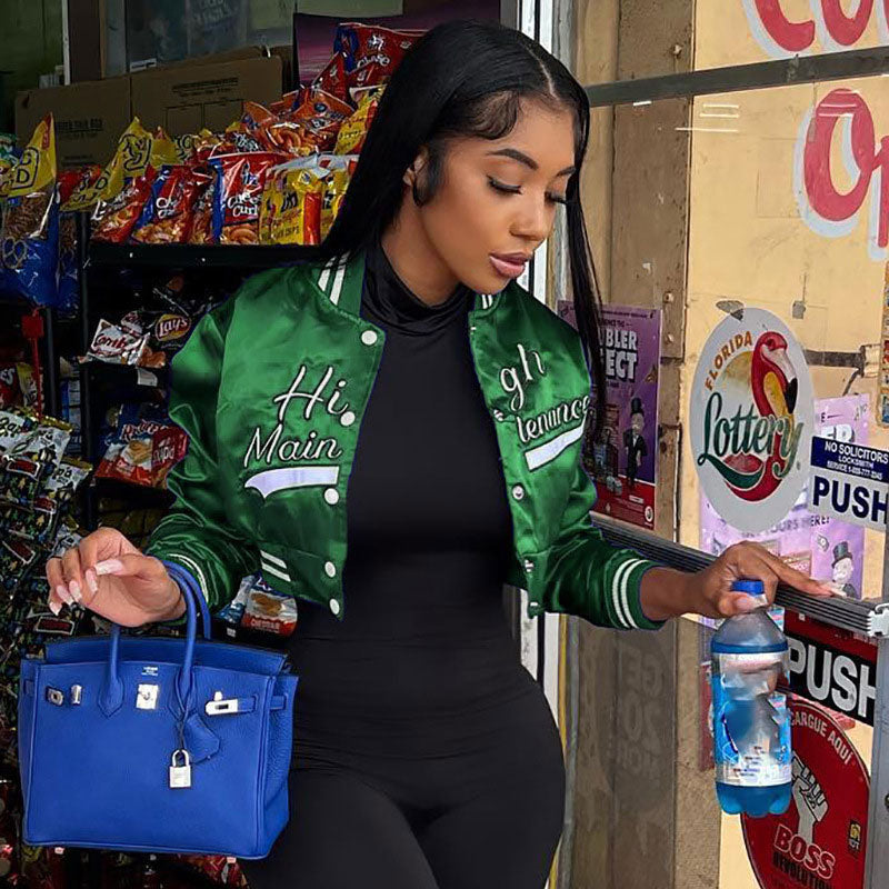 Emerald Green Letter Print Button Up Cropped Varsity Bomber Jacket