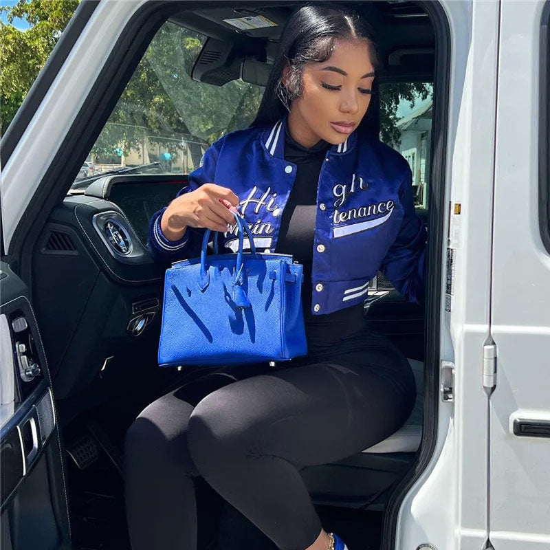 Royal Blue Letter Print Button Up Cropped Varsity Bomber Jacket 2