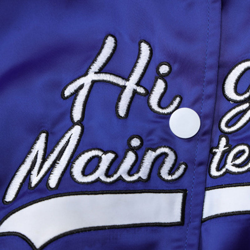Royal Blue Letter Print Button Up Cropped Varsity Bomber Jacket 4