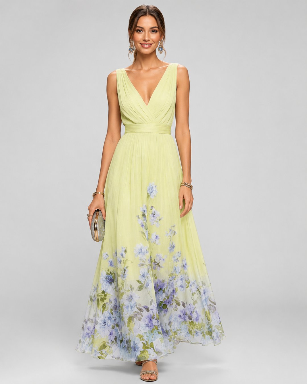 V-Neck Sleeveless Floral Hem Chiffon A-Line Maxi Dress