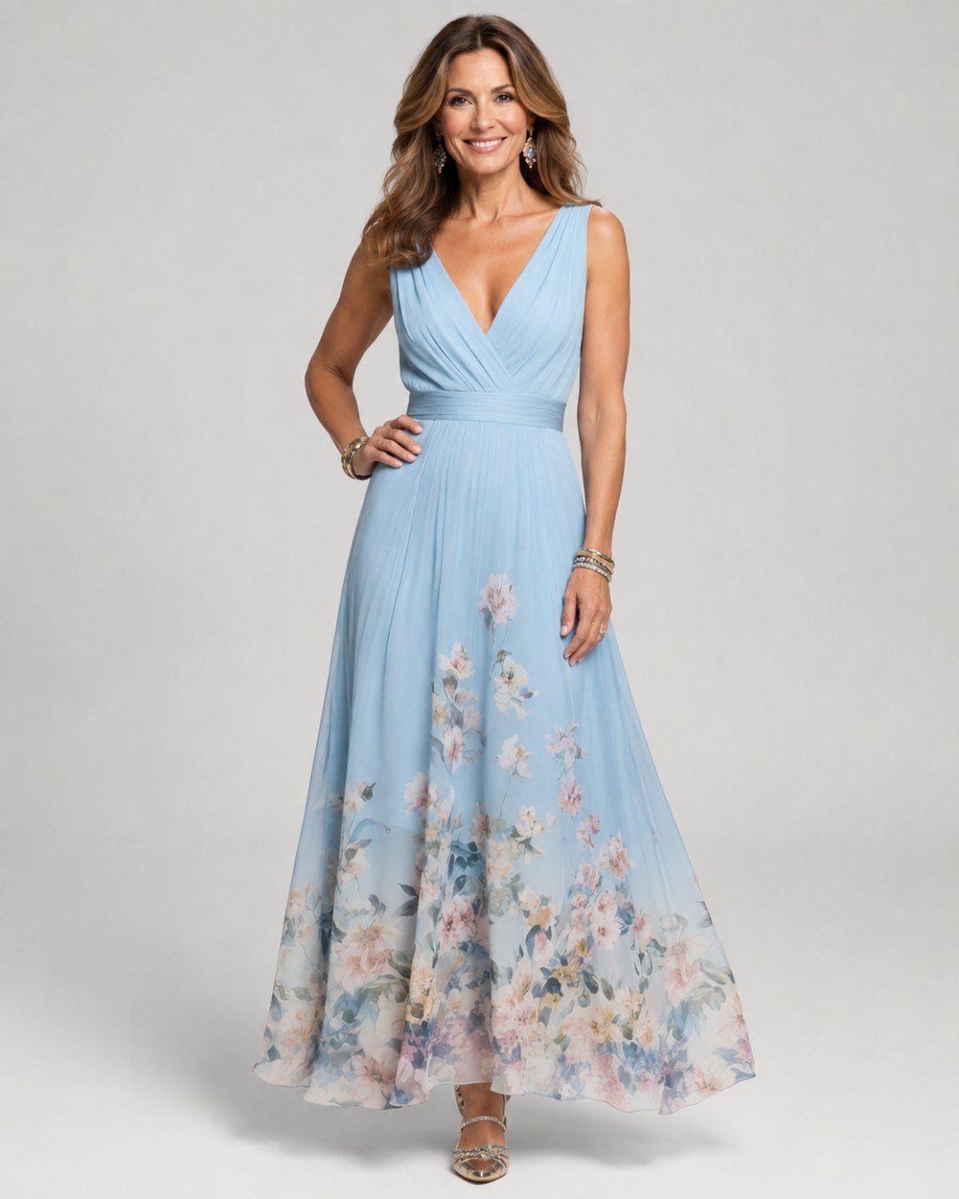 Surplice V-Neck Sleeveless Floral Border Chiffon A-Line Maxi Dress