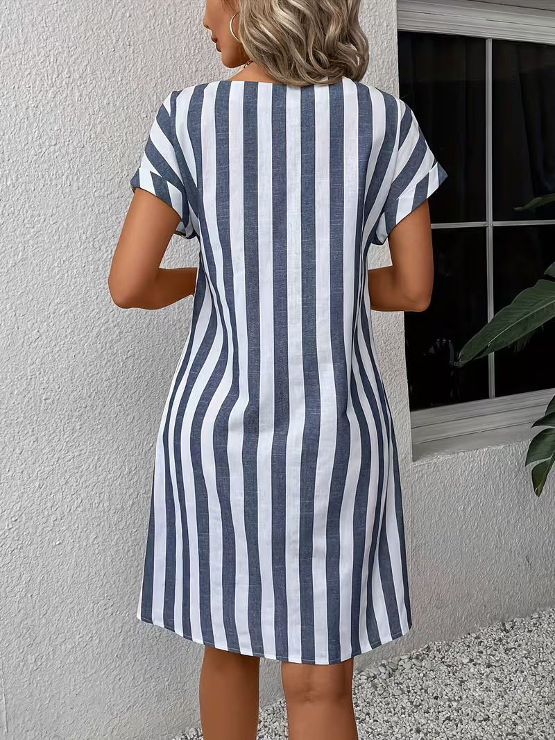 Blue Notch Neck Striped Short Sleeve Shift Mini Dress