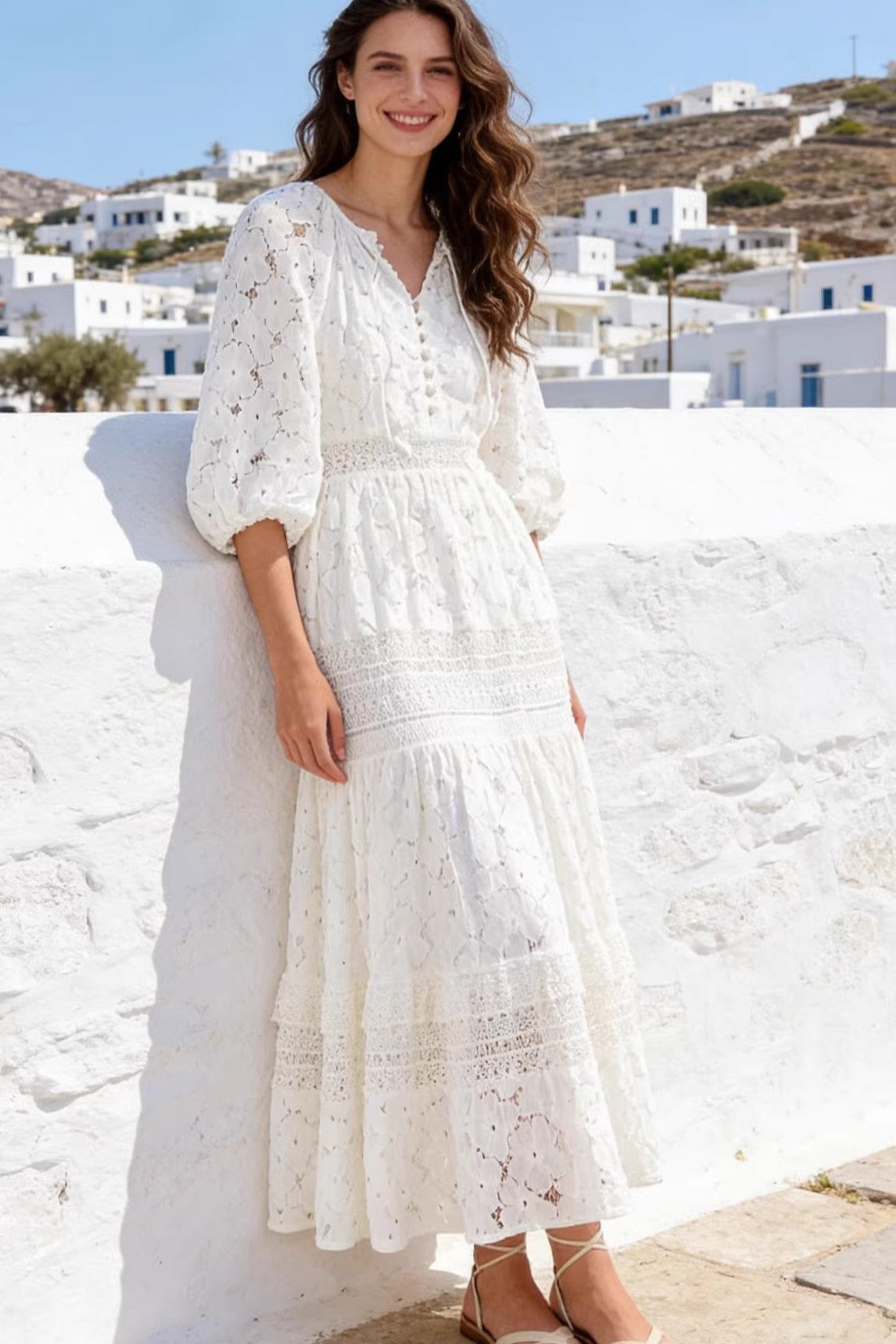 Lace cutout high waist vacation dress