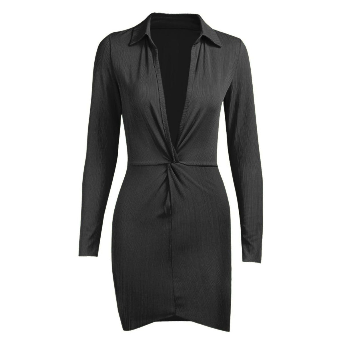 Collared Deep V Ribbed Twist Front Long Sleeve Bodycon Mini Dress