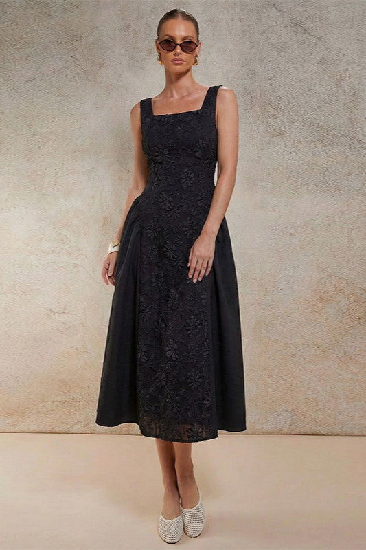 Black Embroidered Sleeveless Midi Dress 2